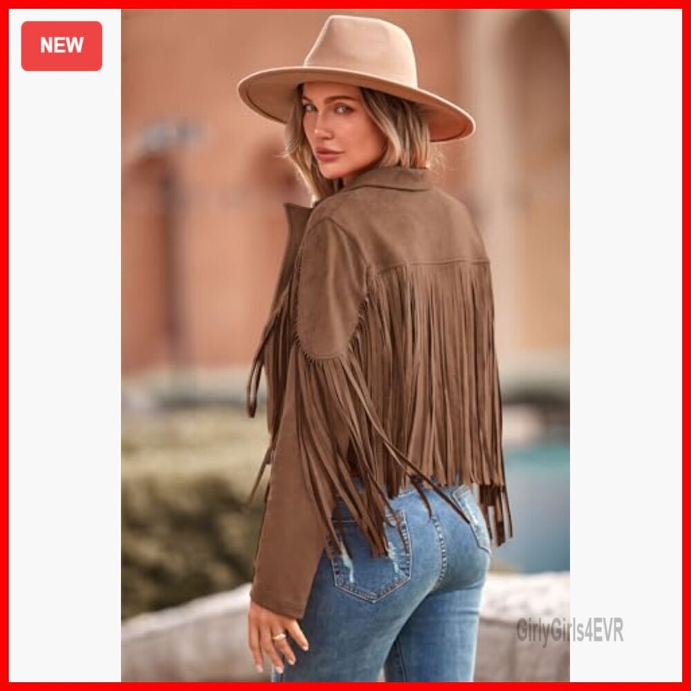 Faux Suede Cropped Motorcycle Jacket with Fringe Tassel Design - Picture 2 of 7